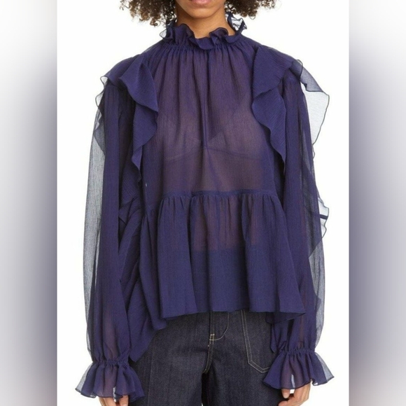 Sofie D'Hoore Ruffled Sheer Blouse Fashion Ink Size 42 - Picture 1 of 6